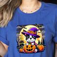 Halloween Boston Terrier Dog Breed With Jack O' Lantern Art Women's Heather T-Shirt Heather True Royal