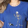 Halloween Boston Terrier And Skeleton Women's Heather T-Shirt Heather True Royal