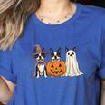 Spooky Ghost Boston Terrier Pumpkin Halloween Dog Lover Women's Heather T-Shirt Heather True Royal