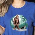 Whimsical Forest Adventures Sasquatch Bigfoot Walking Boston Terrier Dog Lovers Women's Heather T-Shirt Heather True Royal