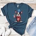 Boston Terrier Puppy Dog Holds His American Flag 4th Of July Women's Heather T-Shirt Heather Deep Teal