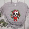 Boston Terrier Christmas Wreath Decoration Xmas Pajamas Women's Heather T-Shirt Athletic Heather