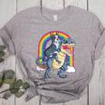 Boston Terrier Riding Dinosaur T-Rex Boys Kids Rainbow Women's Heather T-Shirt Athletic Heather