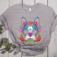Boston Terrier Sugar Skull Dog Day Of The Dead Women's Heather T-Shirt Athletic Heather