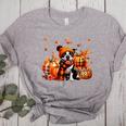 Boston Terrier Thanksgiving Leopard Pumpkins Fall Leaves Women's Heather T-Shirt Athletic Heather