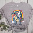 Boston Terrier Unicorn Riding Dinosaur T-Rex Girls Rainbow Women's Heather T-Shirt Athletic Heather