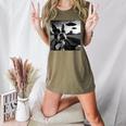 Boston Terrier Graphic Selfie With UFOs Weird Aliens Women's Heather T-Shirt Heather Olive