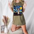 Boston Terrier Starry Night Van Gogh Art Women's Heather T-Shirt Heather Olive
