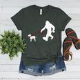 Bigfoot Walking With Bull Terrier Dog Women's Heather T-Shirt Heather Forest