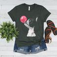 Boston Terrier Dog Blowing Chewing Bubble Gum Pink Women's Heather T-Shirt Heather Forest