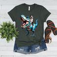 Boston Terrier Riding T-Rex Dinosaur Dog Lover Women's Heather T-Shirt Heather Forest
