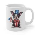 Boston Terrier Puppy Dog Holds His American Flag 4th Of July Graphic Print Coffee Mug, American Boston Terrier Gifts, Boston Terrier 4th Of July Gifts, trending gift