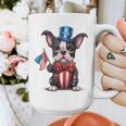 Boston Terrier Puppy Dog Holds His American Flag 4th Of July Graphic Print Coffee Mug, American Boston Terrier Gifts, Boston Terrier 4th Of July Gifts, funny design