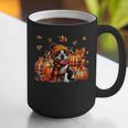 Boston Terrier Thanksgiving Leopard Pumpkins Fall Leaves Graphic Print Coffee Mug, Boston Terrier Thanksgiving Mugs, funny gift