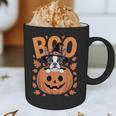 Boston Terrier Costume On Pumpkin Halloween Boston Terrier Graphic Print Coffee Mug, novelty gifts, funny gifts