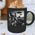 Boston Terrier Graphic Selfie With UFOs Weird Aliens Graphic Print Coffee Mug, novelty gifts, funny gifts