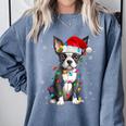 Boston Terrier Christmas Santa Hat Tree Lights Pajama Comfort Colors Sweatshirt Blue Jean