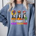 Boston Terrier Dog Halloween Christmas Hallothanksmas Men Women Kids Comfort Colors Sweatshirt Blue Jean