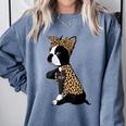 Boston Terrier Lover I Love Mom Tattoo Leopard Comfort Colors Sweatshirt Blue Jean