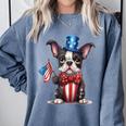 Boston Terrier Puppy Dog Holds His American Flag 4th Of July Comfort Colors Sweatshirt Blue Jean