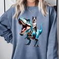 Boston Terrier Riding T-Rex Dinosaur Dog Lover Comfort Colors Sweatshirt Blue Jean