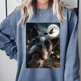 Boston Terrier Selfie Full Moon Flying Witch Halloween Dog Comfort Colors Sweatshirt Blue Jean