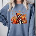 Boston Terrier Thanksgiving Leopard Pumpkins Fall Leaves Comfort Colors Sweatshirt Blue Jean
