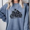 Cool Boston Terrier Riding a Motorcycle Biker Dog Lover For Men Women Kids Comfort Colors Sweatshirt Blue Jean