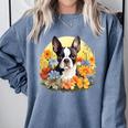 Cute Boston Terrier Spring Flower Garden Colorful Puppy Dog Comfort Colors Sweatshirt Blue Jean