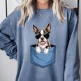 Cute Pocket Boston Terrier Lover Dog Mom Comfort Colors Sweatshirt Blue Jean