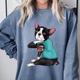 Father's Day Gift Dog Dad Boston Terrier i Love Dad Tattoo Comfort Colors Sweatshirt Blue Jean