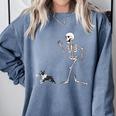 Halloween Boston Terrier And Skeleton Comfort Colors Sweatshirt Blue Jean