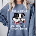 Just a Woman Who Loves Her Boston Terrier Cute Dog Mom Comfort Colors Sweatshirt Blue Jean