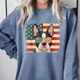 Patriotic Boston Terrier Dog Lover USA Flag 4th Of July For Men Women Kids Comfort Colors Sweatshirt Blue Jean