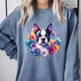 Watercolor Floral Boston Terrier Mama Dog Lover Mother's Day Comfort Colors Sweatshirt Blue Jean