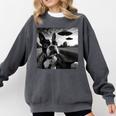 Boston Terrier Graphic Selfie With UFOs Weird Aliens Comfort Colors Sweatshirt Pepper