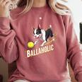 Ballaholic Boston Terrier Dog Chasing Bostie Ball Comfort Colors Sweatshirt Crimson