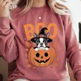 Boston Terrier Costume On Pumpkin Halloween Boston Terrier Comfort Colors Sweatshirt Crimson