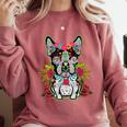 Boston Terrier Dia De Los Muertos Day Of The Dead Dog Skull For Men Women Kids Comfort Colors Sweatshirt Crimson