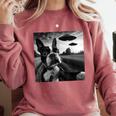Boston Terrier Graphic Selfie With UFOs Weird Aliens Comfort Colors Sweatshirt Crimson