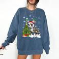 Boston Terrier Christmas Tree Lights Santa Hat Comfort Colors Sweatshirt Denim