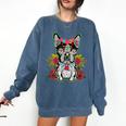 Boston Terrier Dia De Los Muertos Day Of The Dead Dog Skull For Men Women Kids Comfort Colors Sweatshirt Denim