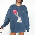 Boston Terrier Dog Blowing Chewing Bubble Gum Pink Comfort Colors Sweatshirt Denim