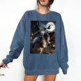 Boston Terrier Selfie Full Moon Flying Witch Halloween Dog Comfort Colors Sweatshirt Denim