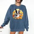 Cute Boston Terrier Spring Flower Garden Colorful Puppy Dog Comfort Colors Sweatshirt Denim