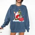 Santa Ugly Christmas Tree Lights Boston Terrier Dog Lover Comfort Colors Sweatshirt Denim