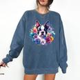Watercolor Floral Boston Terrier Mama Dog Lover Mother's Day Comfort Colors Sweatshirt Denim