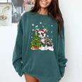 Boston Terrier Christmas Tree Lights Santa Hat Comfort Colors Sweatshirt Blue Spruce