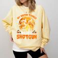 My Boston Terrier Dog Rides Shotgun Witch Halloween Men Women Comfort Colors Sweatshirt Butter
