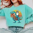 Boston Terrier Dog Riding Dinosaur T Rex Boys Comfort Colors Sweatshirt Chalky Mint